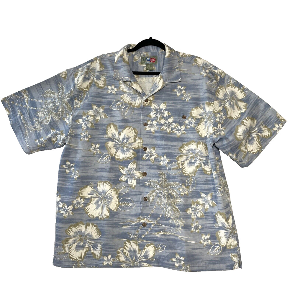 Hilo Hattie Mens Hawaiian Blue Silk Short Sleeve Button Up Shirt Size Large